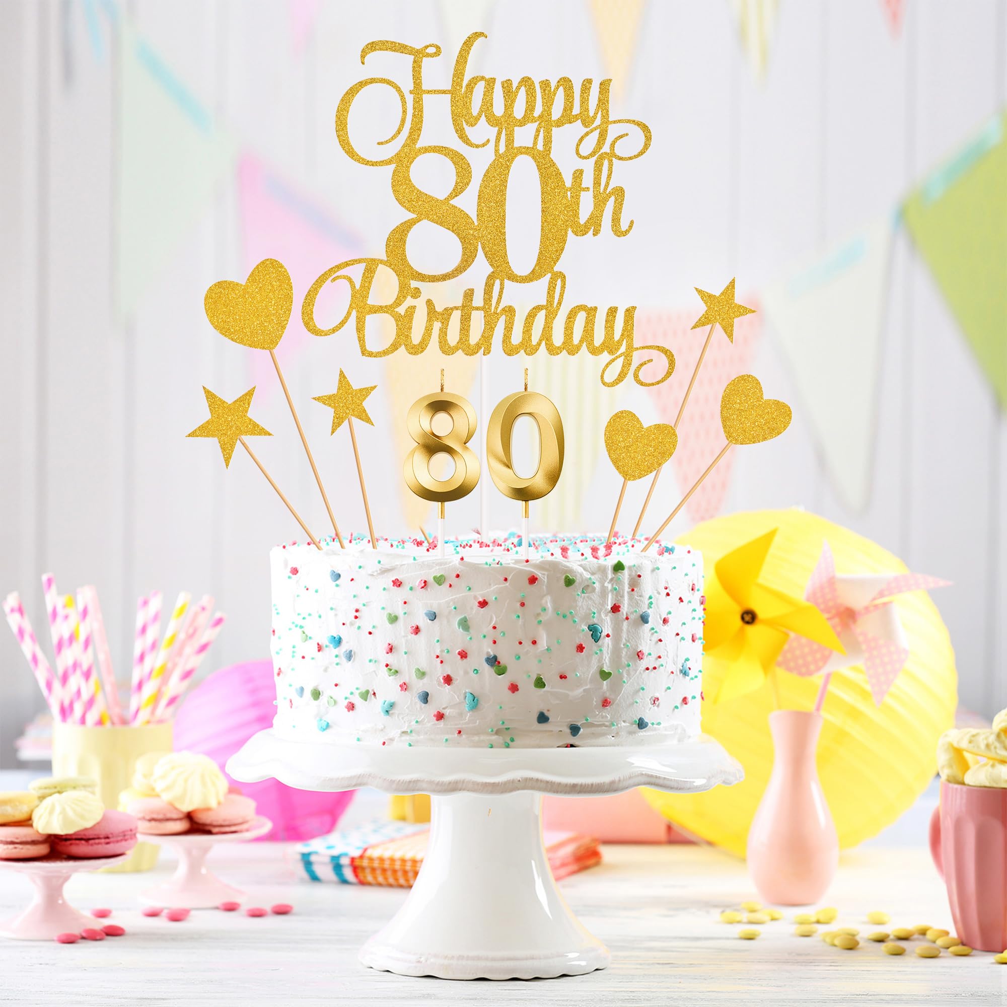 Lecferrarc 80th Birthday Cake Decorations, 80th Birthday Candles Cake Numeral Candles and Glitter Happy 80th Birthday Cake Toppers Set for Birthday Party Supplies (Gold)