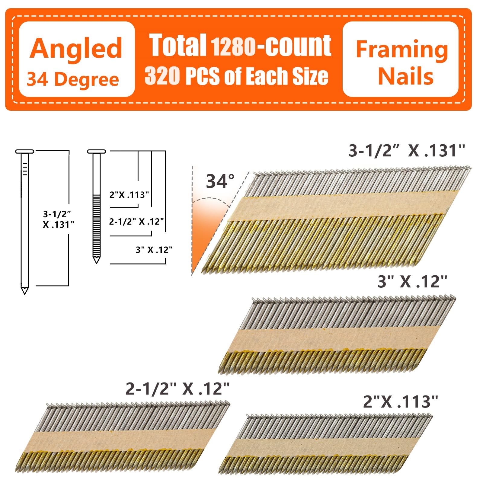 SITLDY 34-30 Degree Framing Nails 4 Sizes (2"+2-1/2"+3.0" Ring+3-1/2" Smooth), D Head Hot Dipped Galvanized Paper Tape Strip Nails, 320 PCS per Size, 1280 Count, for 30 to 34 Degree Framing Nailer