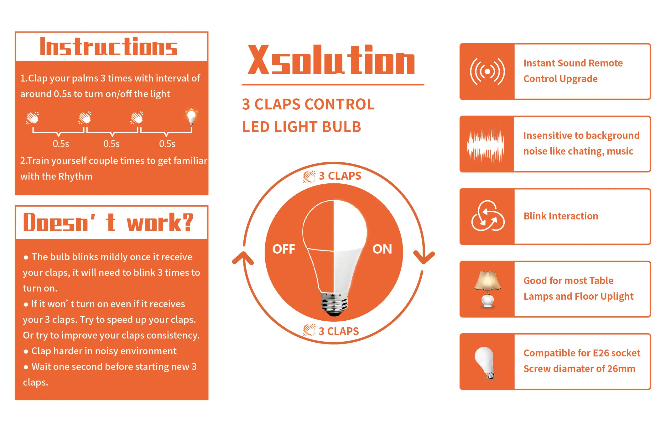 3 Claps Light Control Bulb for Bedroom Table Lamp Upgrade, Sound Activated ON/Off Solution, Clap Detection, Smart Home, As Seen On TV, Soft White, 8-Watt