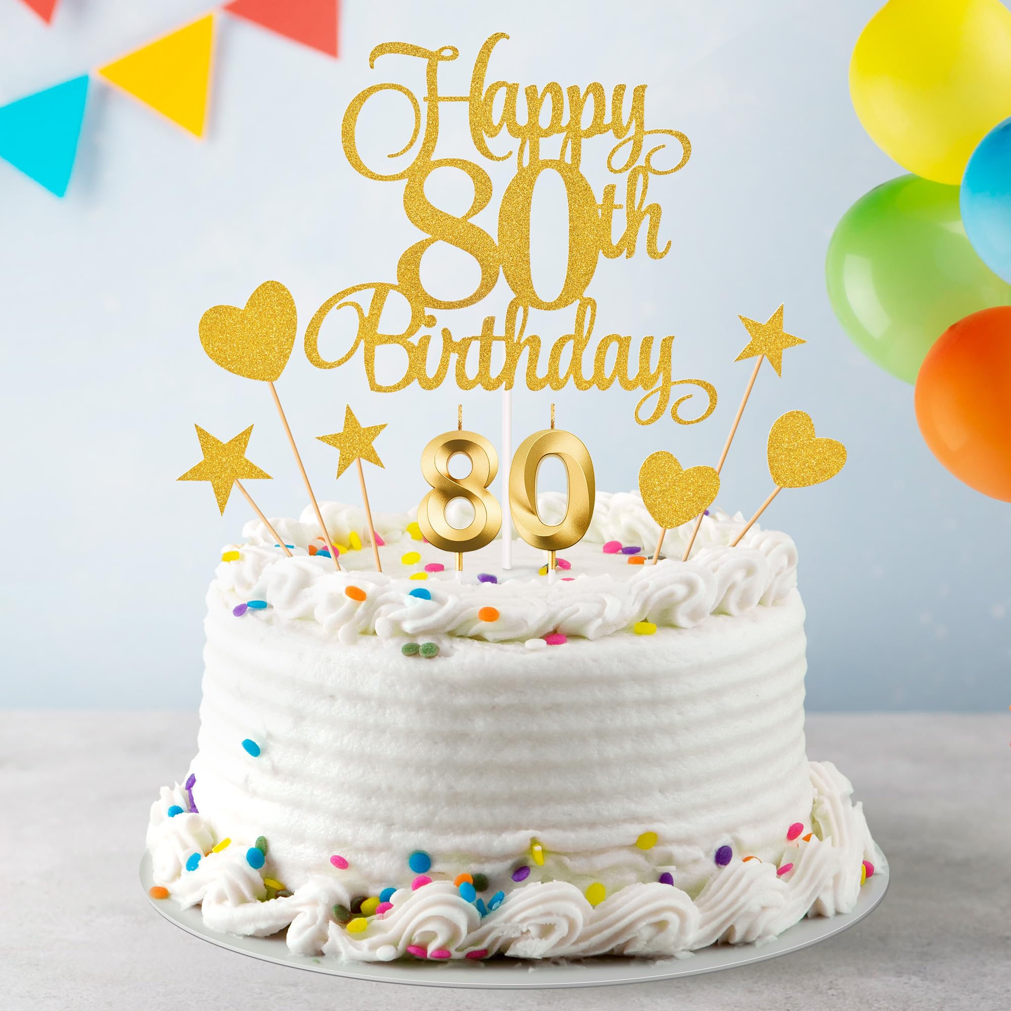 Lecferrarc 80th Birthday Cake Decorations, 80th Birthday Candles Cake Numeral Candles and Glitter Happy 80th Birthday Cake Toppers Set for Birthday Party Supplies (Gold)