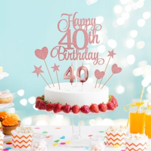 Lecferrarc 40th Birthday Cake Decorations, 40th Birthday Candles Cake Numeral Candles and Glitter Happy 40th Birthday Cake Toppers Set for Birthday Party Supplies (Rose Gold)