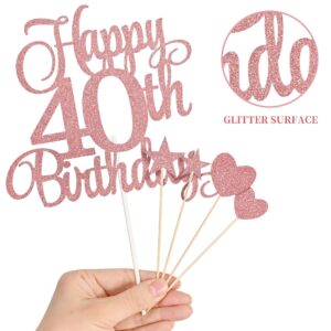 Lecferrarc 40th Birthday Cake Decorations, 40th Birthday Candles Cake Numeral Candles and Glitter Happy 40th Birthday Cake Toppers Set for Birthday Party Supplies (Rose Gold)