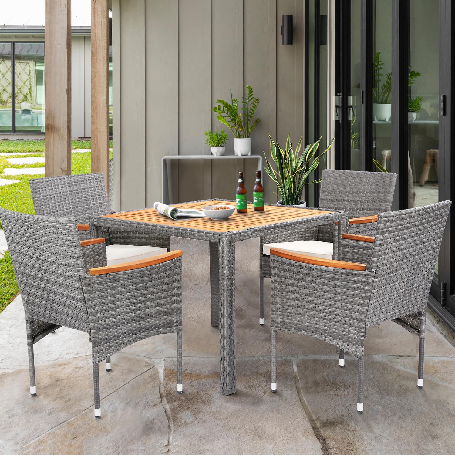 ARTBUSKE 5 Pieces Patio Dining Sets for 4 Outdoor Patio Furniture Sets with Acacia Wood Table Top Outdoor Table and Chairs Wicker Outdoor Furniture Set for Patio Yard Deck Gazebo,Grey