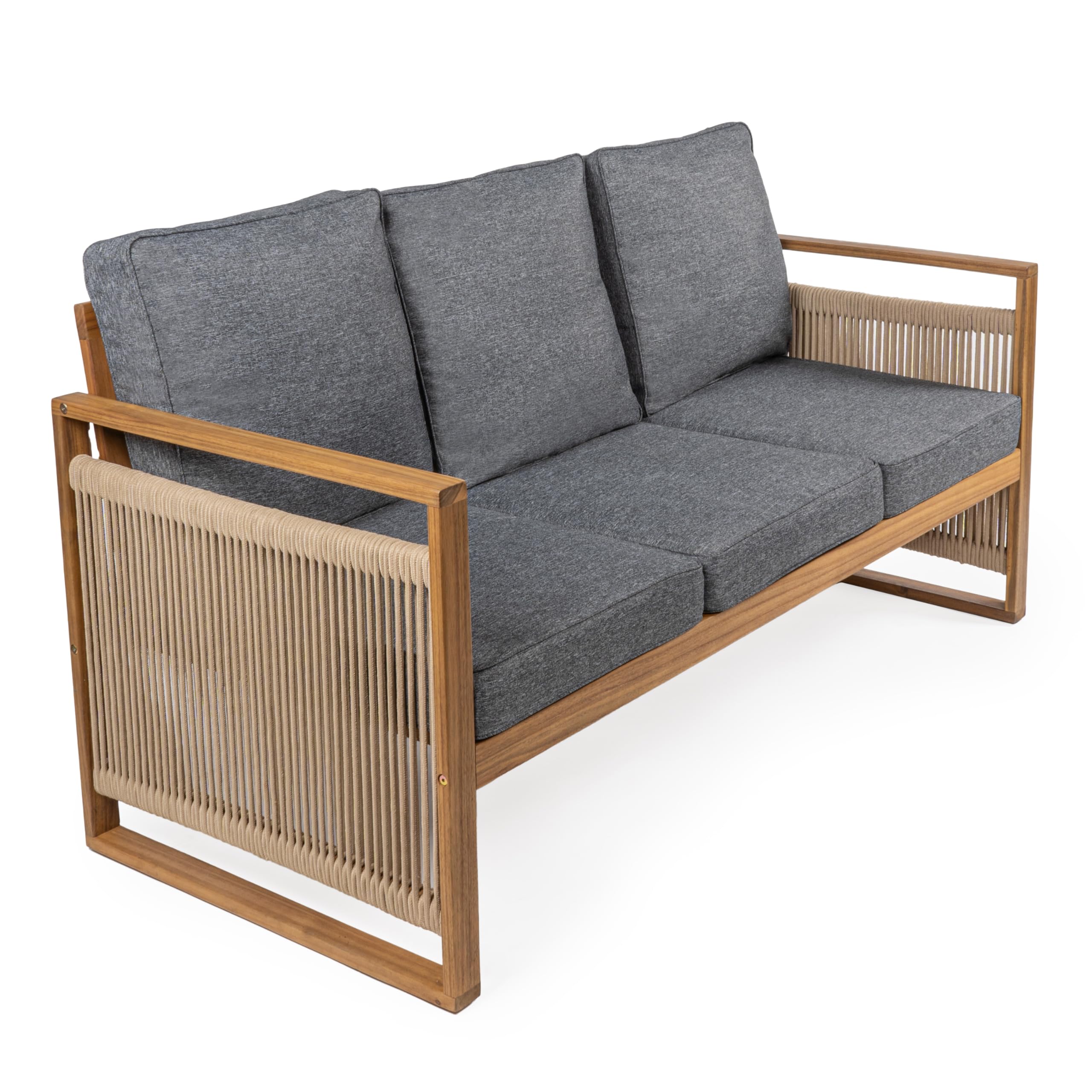 JONATHAN Y SFB1002B Gable 3-Seat Mid-Century Modern Roped Acacia Wood Outdoor Sofa with Cushions Scandinavian, Classic, Transitional, Industrial for Backyard, Patio, Porch, Gray/Teak Brown