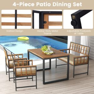 Tangkula 4 Piece Patio Dining Set, Outdoor Wood Dining Furniture W/ 2 Chairs & 1 Loveseat, 47” Acacia Wood Table W/Umbrella Hole, Cozy Seat Cushions, Outside Furniture Set for Backyard, Poolside