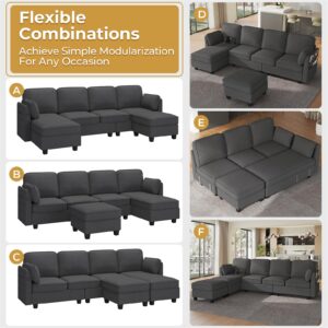 Brinlawb 113'' Sectional Couches with Storage Seats and USB Ports U Shaped Convertible Sofa Couch with Reversible Chaise Chenille Modular Sectional Sofa Couches with Ottomans for Living Room,Grey