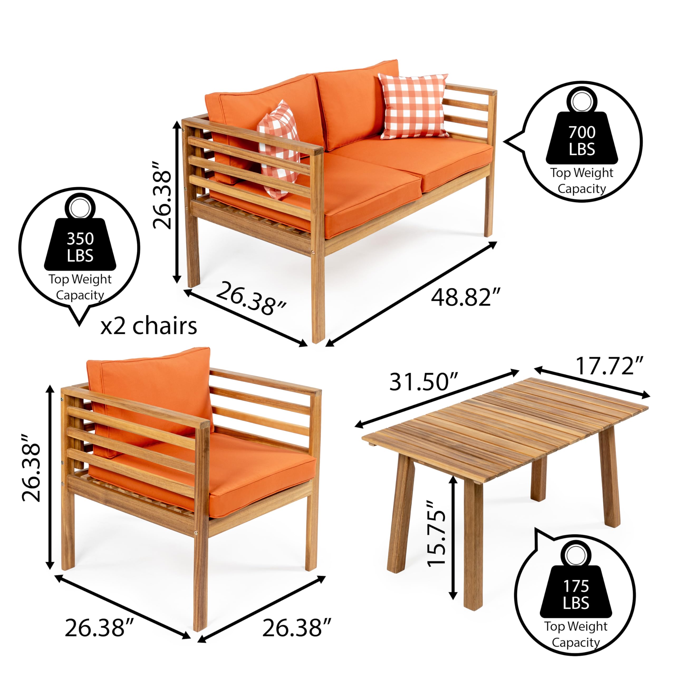 JONATHAN Y LVG1200C-4SET Thom 4-Piece Mid-Century Modern Acacia Wood Outdoor Patio Set with Cushions and Plaid Decorative Pillows Classic, Industrial, Scandinavian, Bohemian, Orange/Teak Brown