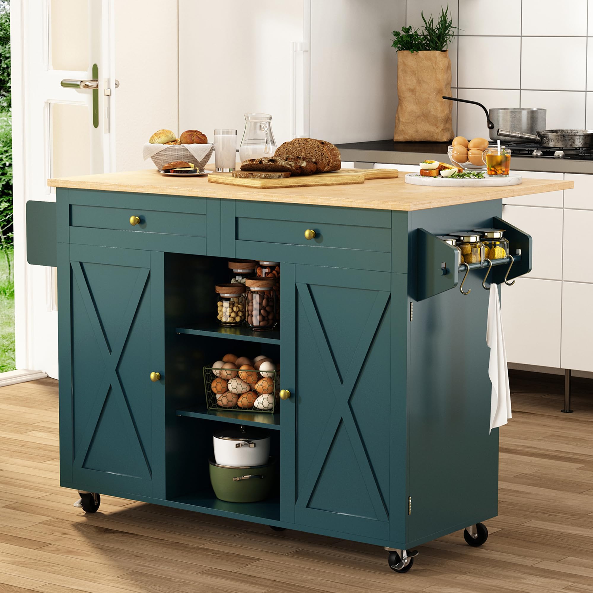 HLR Kitchen Island On Wheels, Rolling Kitchen Island Cart with Drop Leaf Countertop, Barn Door Kitchen Island Table with Storage Cabinet and Tower Rack, Island Table for Kitchen (Dark Teal)