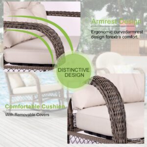 BALDPER 3 Pieces Patio Conversation Set, Lounge Rocking Chair with Cushion & Coffee Table, Wicker Bistro Set, Outdoor Furniture Set for Porch, Deck, Backyard, or Poolside, Beige