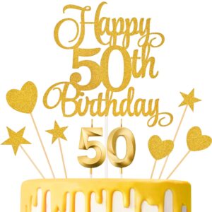 lecferrarc 50th birthday cake decorations, 50th birthday candles cake numeral candles and glitter happy 50th birthday cake toppers set for birthday party supplies (gold)