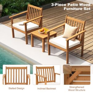 Tangkula 3 Pieces Patio Wood Furniture Set, Acacia Wood Chairs and Coffee Table Set with Soft Cushions, Slatted Design, Outdoor Furniture Set for Porch, Yard, Balcony (White)