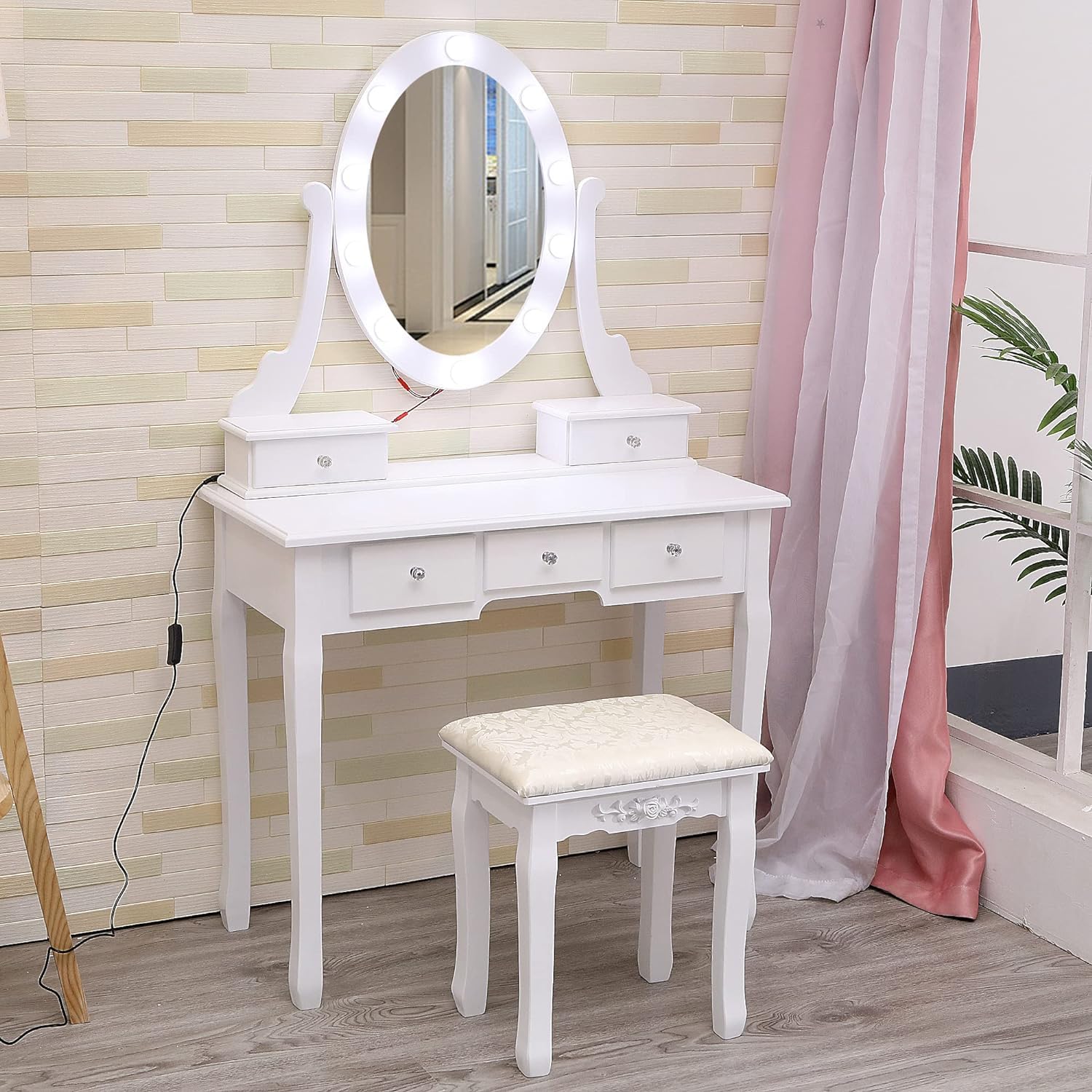 GIMMYFIVE Vanity Desk with Mirror and Lights, Wood Makeup Dressing Table with Oval Mirror & Stool,3 Colors Lighting Modes,Modern Bedroom Dressing Table with 5 Large Drawers for Kids Women Girls,White