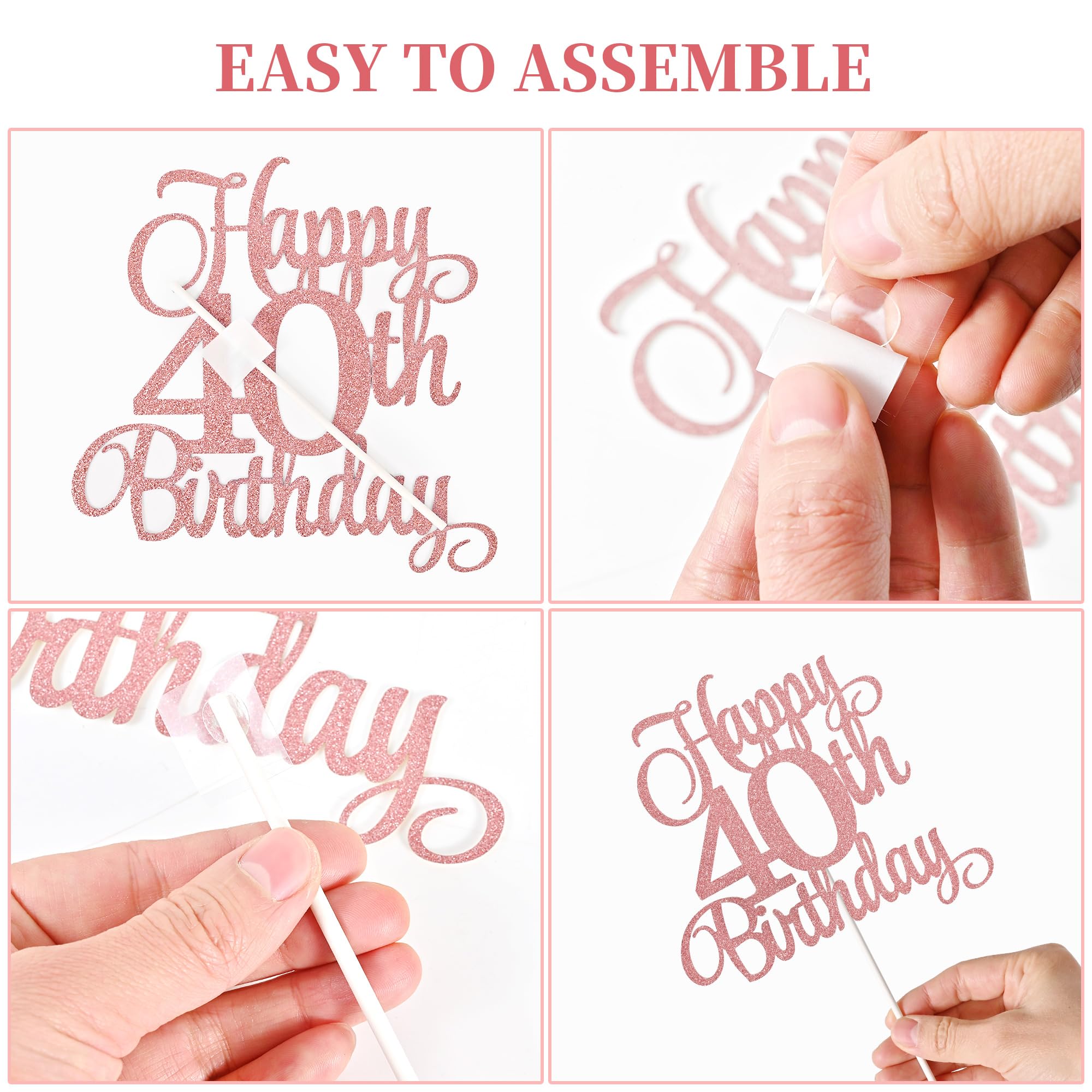 Lecferrarc 40th Birthday Cake Decorations, 40th Birthday Candles Cake Numeral Candles and Glitter Happy 40th Birthday Cake Toppers Set for Birthday Party Supplies (Rose Gold)