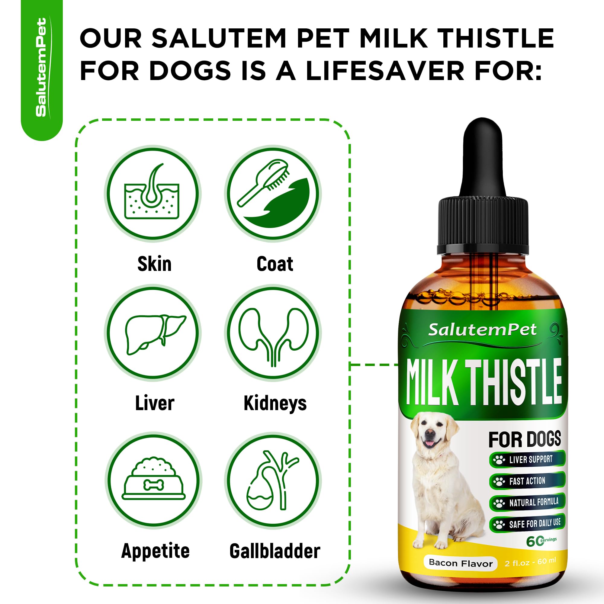 Milk Thistle for Dogs and Puppies | Liver Support for Dogs | Kidney Support for Dogs | Dog Liver Supplement | Herbal Composition Only | Attractive Bacon Flavor | 2 Oz