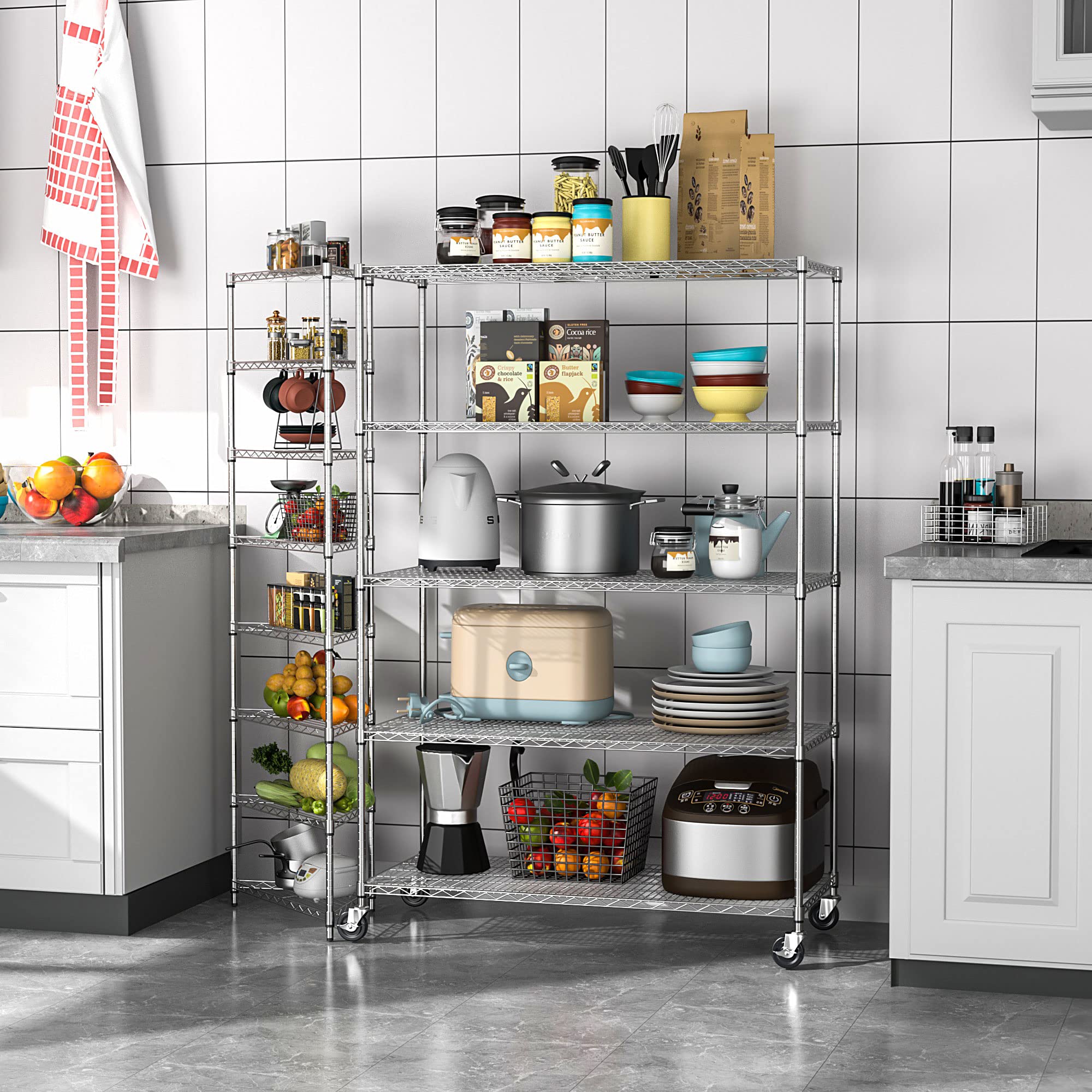 Metal Storage Shelves with Wheels, NSF Shelving Unit 60 X 18 X 72, 1325 Lbs Capacity, 5 Tier Heavy Duty Wire Shelving Rack, Commercial Metal Shelves for Storage, Garage, Pantry, Kitchen, Chrome