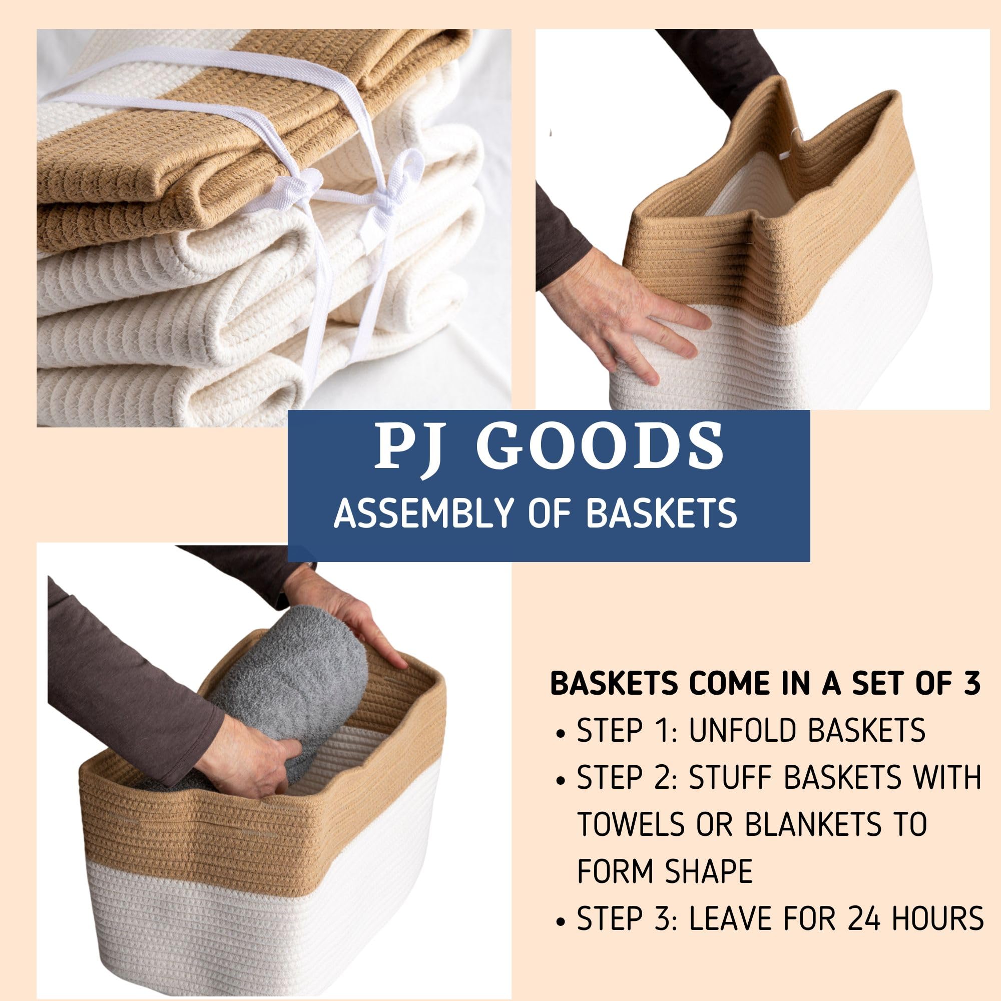 PJGOODS- 3-Pack Cotton Woven Storage Basket with Handles, Great for Organizing Laundry, Blankets, Dog Toys, Baby Toys, Perfect for the Kitchen, Bathroom, Bedroom, Living Room,15x10x9, Beige/White