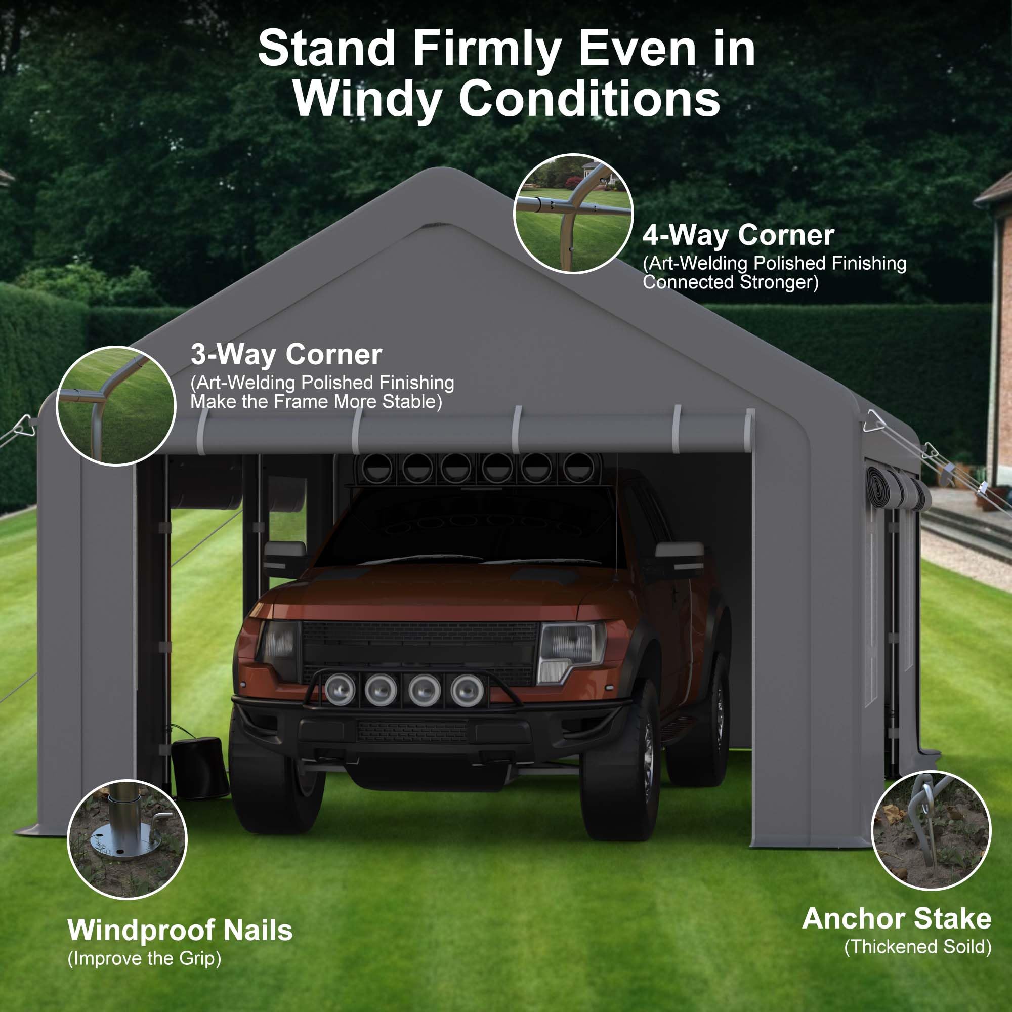 Carport 10x20ft Heavy Duty Portable Garage，Upgraded Carport with 4 Roll-up Doors & 4 Ventilated Windows, Reinforced Steel Poles, UV Resistant All-Season Waterproof Tarp, for Car, Truck, Boat