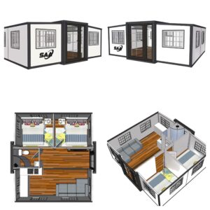 SAA Gray Modern House, 19 x 20 FT, 2 Rooms, 1 Bathroom & 1 Kitchen, Alloy Steel, Foldable Outbuilding – Light Blue Gray