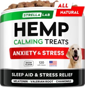 strellalab vet formulated hemp calming chews for dogs - anxiety relief calming treats - advanced melatonin pet calm - natural sleep aid & stress, separation anxiety relief - 120 treats - bacon