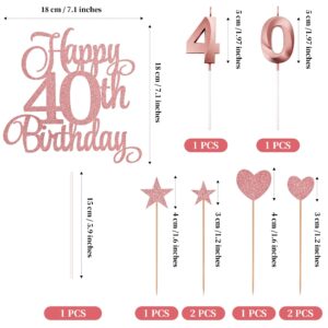 Lecferrarc 40th Birthday Cake Decorations, 40th Birthday Candles Cake Numeral Candles and Glitter Happy 40th Birthday Cake Toppers Set for Birthday Party Supplies (Rose Gold)