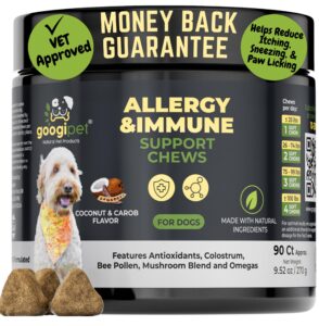 googipet dog allergy chews -dog allergy relief & itchy skin relief -dog skin & coat supplement +bee pollen, colostrum for dogs, coconut oil, probiotics, & omega 3 fish oil for dogs itching skin relief