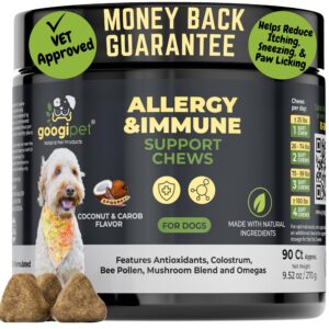 Googipet Dog Allergy Chews -Dog Allergy Relief & Itchy Skin Relief -Dog Skin & Coat Supplement +Bee Pollen, Colostrum for Dogs, Coconut Oil, Probiotics, & Omega 3 Fish Oil for Dogs Itching Skin Relief