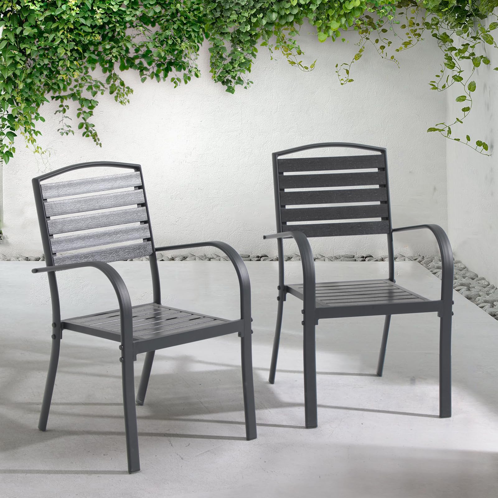 Patiorama Aluminum Outdoor Dining Chairs Set of 4, Stackable Outdoor Patio Chairs Set of 4, All-Weather Bistro Chair with Armrest, Faux Wood Outdoor Dining Chairs for Indoor Yard Garden-Black