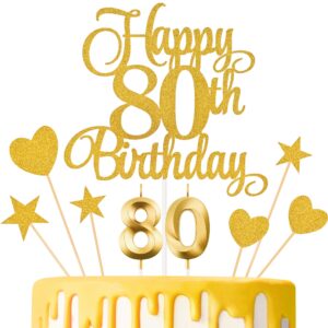 lecferrarc 80th birthday cake decorations, 80th birthday candles cake numeral candles and glitter happy 80th birthday cake toppers set for birthday party supplies (gold)