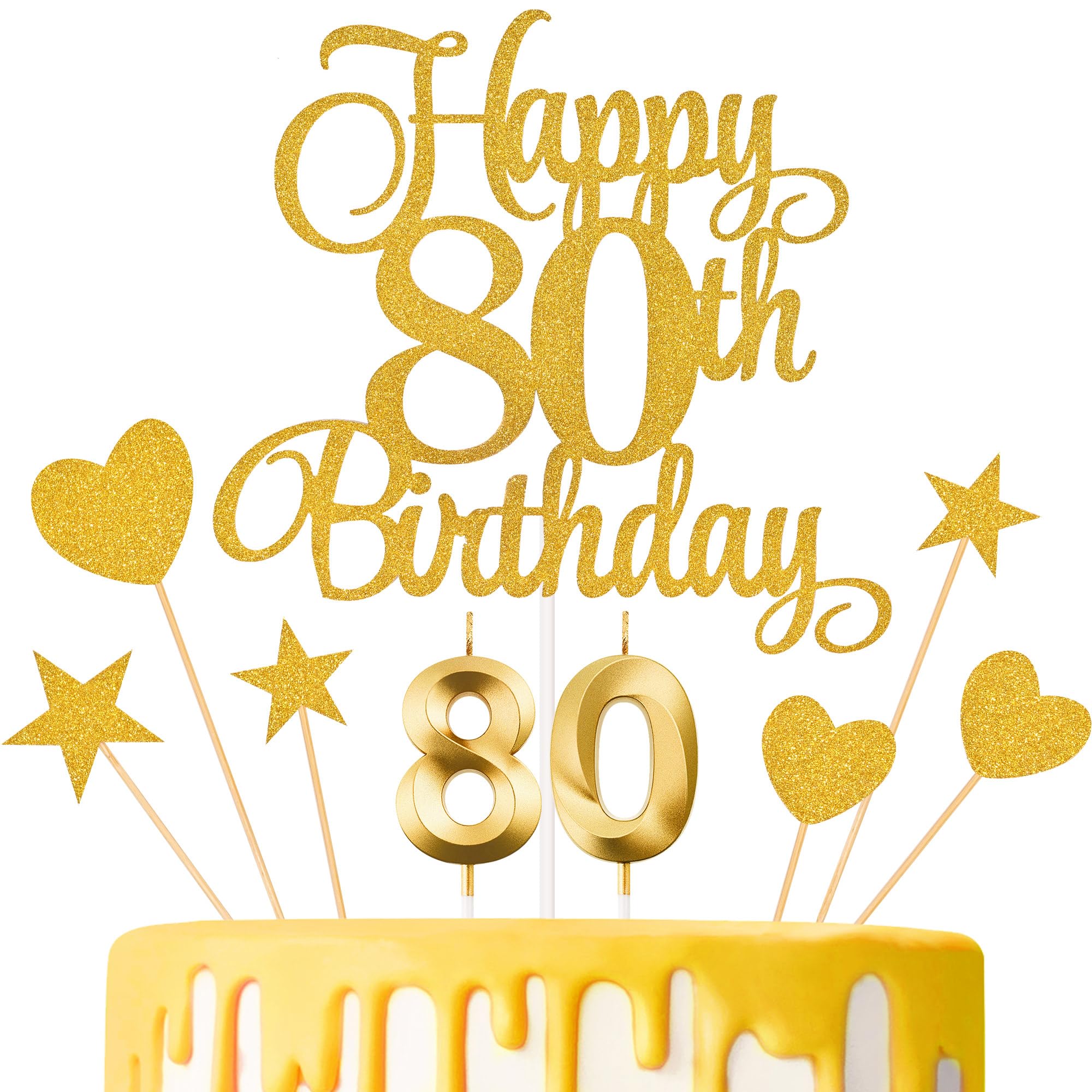 Lecferrarc 80th Birthday Cake Decorations, 80th Birthday Candles Cake Numeral Candles and Glitter Happy 80th Birthday Cake Toppers Set for Birthday Party Supplies (Gold)