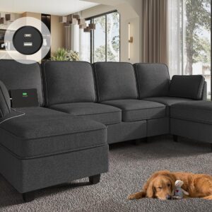 Brinlawb 113'' Sectional Couches with Storage Seats and USB Ports U Shaped Convertible Sofa Couch with Reversible Chaise Chenille Modular Sectional Sofa Couches with Ottomans for Living Room,Grey