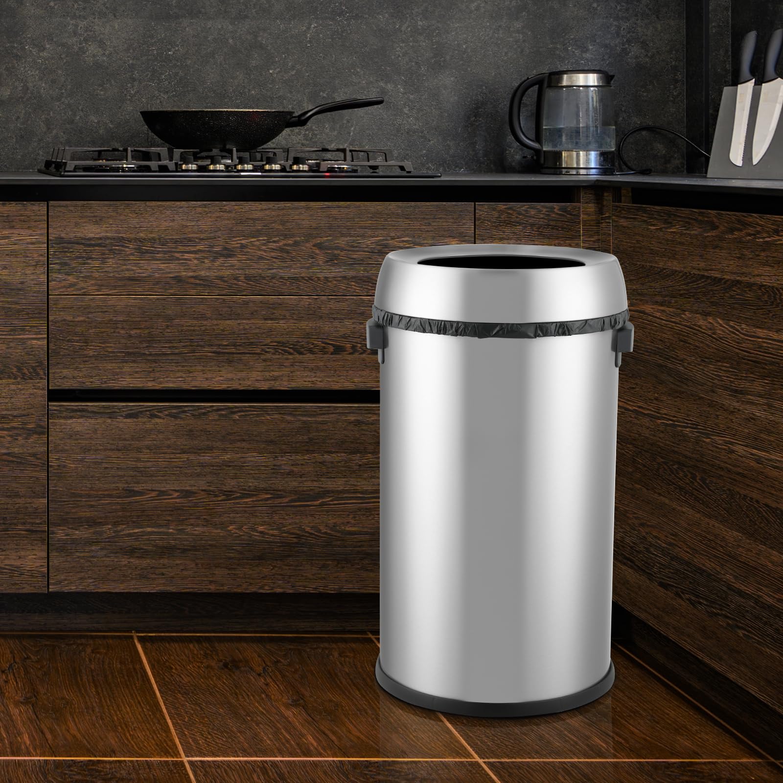 PioneerWorks 65 L / 17 Gal Open Top Trash Can Commercial Grade Heavy Duty Brushed Stainless Steel for Outdoor | Kitchen Waste Bins Home House Family