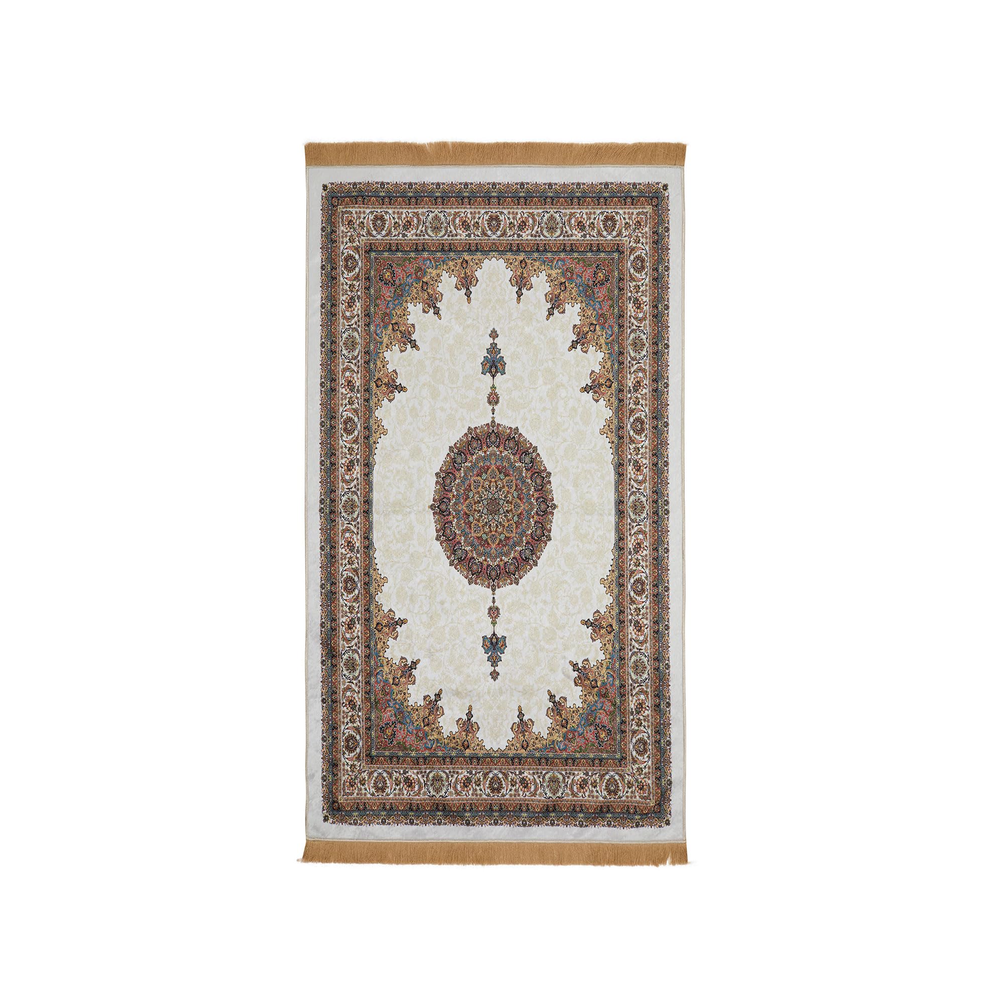 Muslim Prayer Rug | 25'' x 45'' Turkish Velvet Islamic Praying Mat for Men, Women, Kids | Patterned Janamaz Carpet Ramadan Sajadah Islam Namaz Rugs (Ecru III)