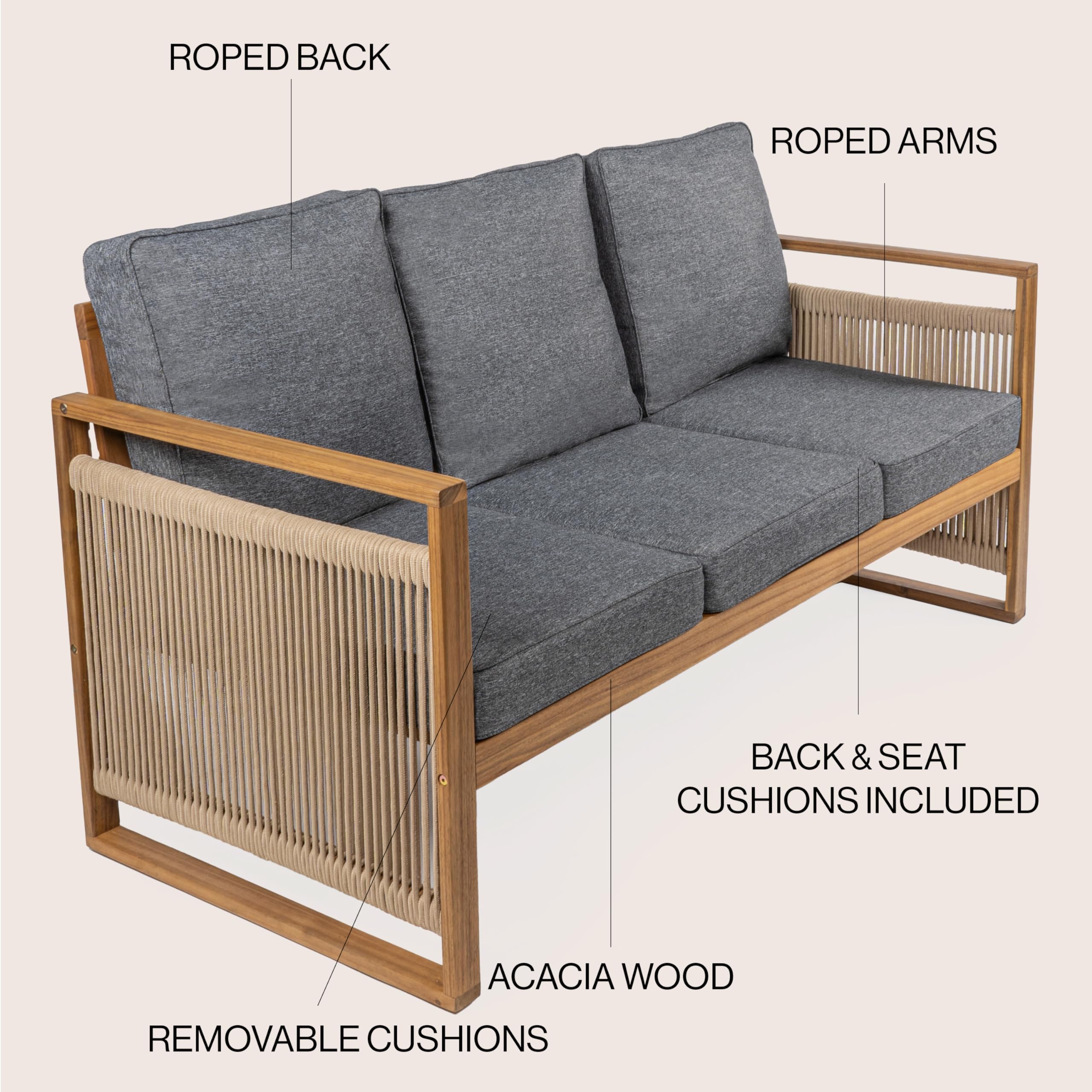 JONATHAN Y SFB1002B Gable 3-Seat Mid-Century Modern Roped Acacia Wood Outdoor Sofa with Cushions Scandinavian, Classic, Transitional, Industrial for Backyard, Patio, Porch, Gray/Teak Brown