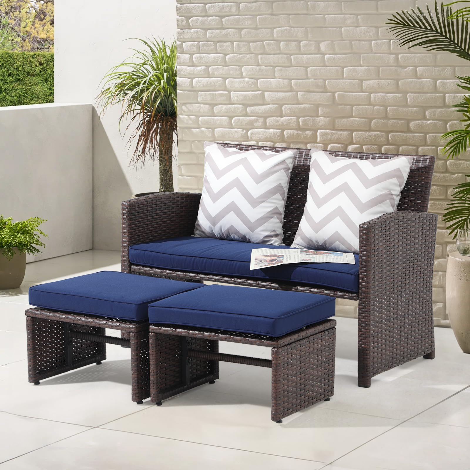 OC Orange-Casual Outdoor Loveseat 3 Piece Patio Furniture Set Outdoor Conversation Set All-Weather Wicker Love Seat with Ottoman/Side Table, Brown Rattan, Blue