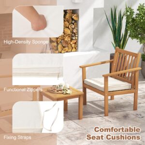 Tangkula 3 Pieces Patio Wood Furniture Set, Acacia Wood Chairs and Coffee Table Set with Soft Cushions, Slatted Design, Outdoor Furniture Set for Porch, Yard, Balcony (White)