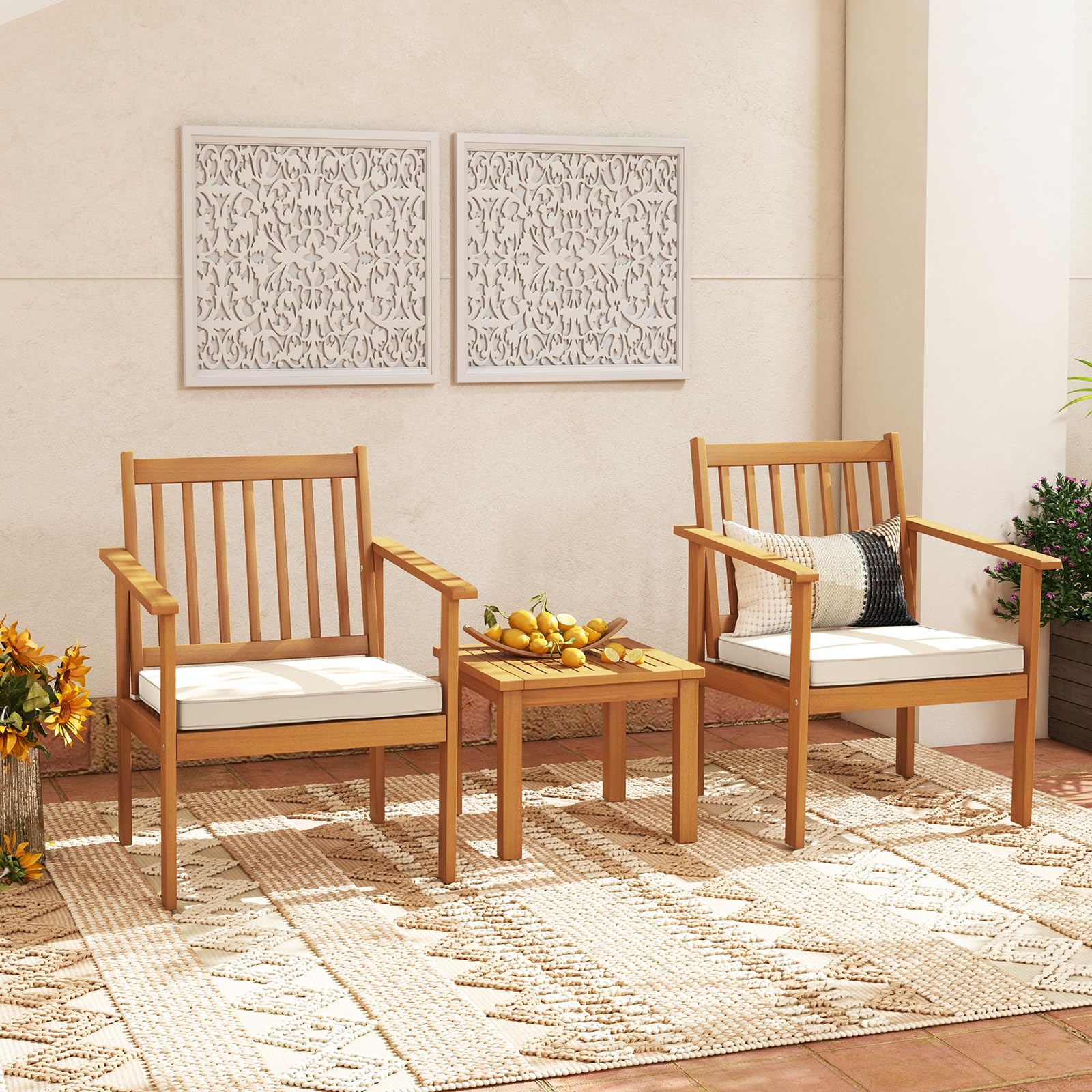 Tangkula 3 Pieces Patio Wood Furniture Set, Acacia Wood Chairs and Coffee Table Set with Soft Cushions, Slatted Design, Outdoor Furniture Set for Porch, Yard, Balcony (White)