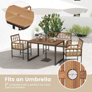 Tangkula 4 Piece Patio Dining Set, Outdoor Wood Dining Furniture W/ 2 Chairs & 1 Loveseat, 47” Acacia Wood Table W/Umbrella Hole, Cozy Seat Cushions, Outside Furniture Set for Backyard, Poolside