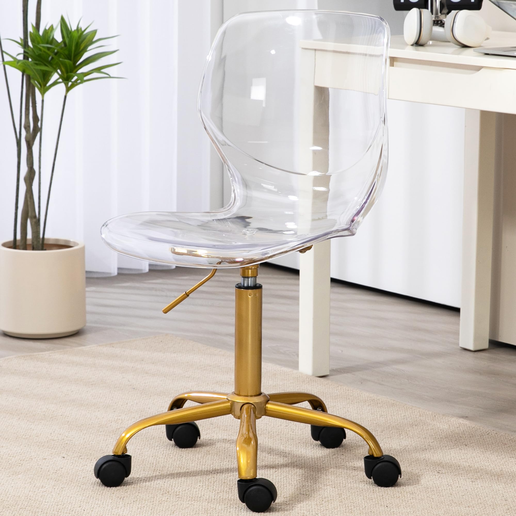 HOMEFUN Clear Chairs Acrylic Desk Chair Rolling Transparen Vanity Chair Armless Swivel Chair Height Adjustable Ghost Chair Molded Plastic Home Office Chair with Wheels, New Clear with Golden Feet