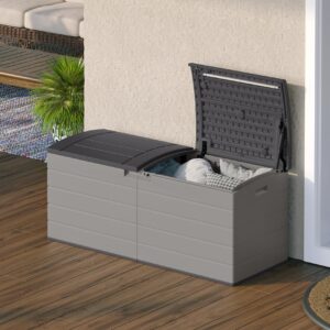 Suncast 120-Gal. All-Weather Patio Deck Box with Pad-Lockable Split Top Lid, Extra-Large Outdoor Storage Unit for Patio Furniture and Grill Tools