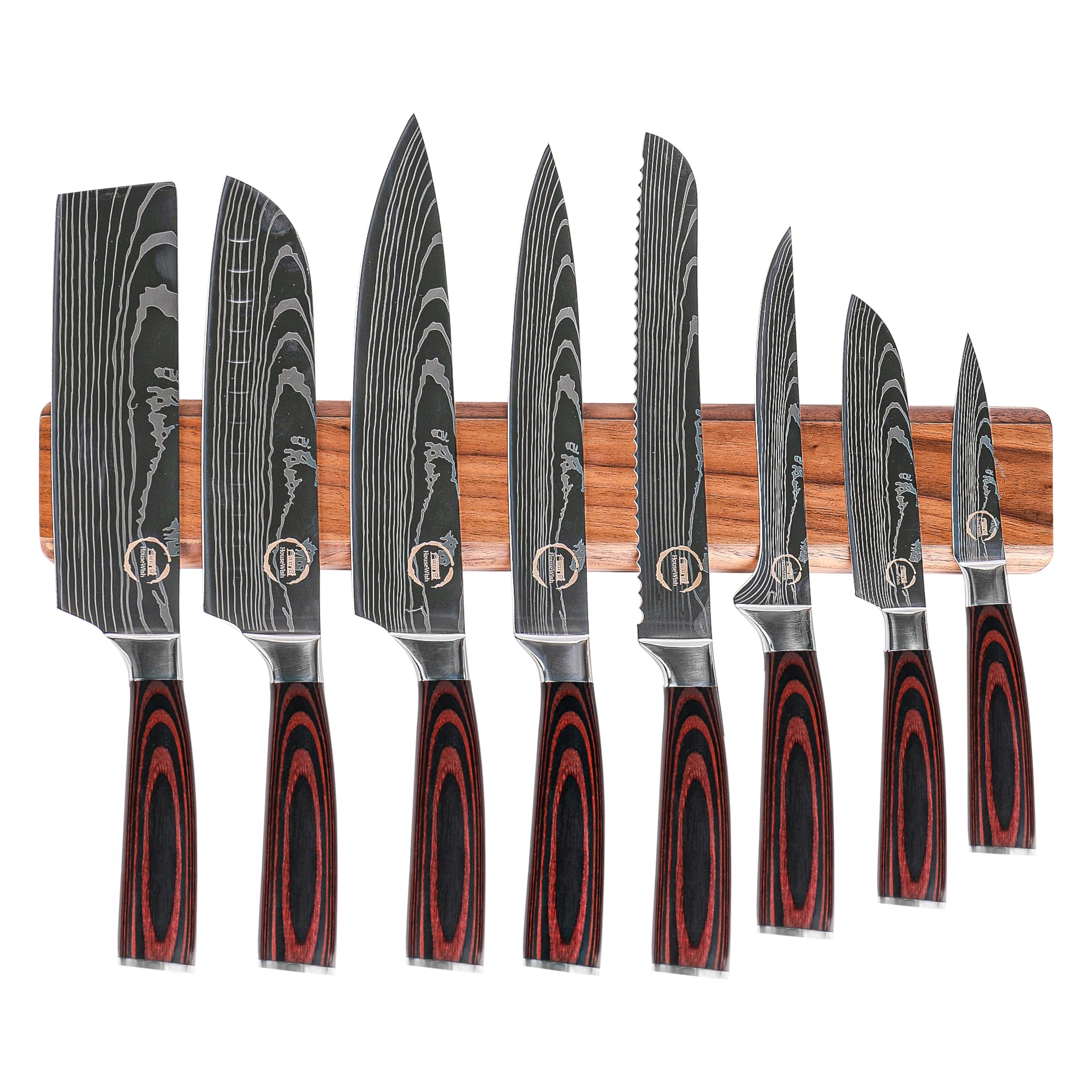 Housewish 8 PC Chef Knives - High Carbon Stainless Steel Knives With Pakkawood Handles | Best Kitchen Knives & Include A Magnetic Strip Holder | Japanese Knives - Home & Professional Chef's Knives Set