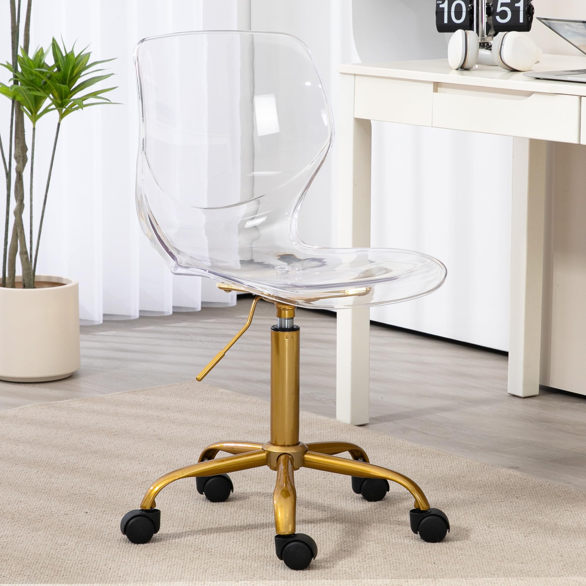 HOMEFUN Clear Chairs Acrylic Desk Chair Rolling Transparen Vanity Chair Armless Swivel Chair Height Adjustable Ghost Chair Molded Plastic Home Office Chair with Wheels, New Clear with Golden Feet