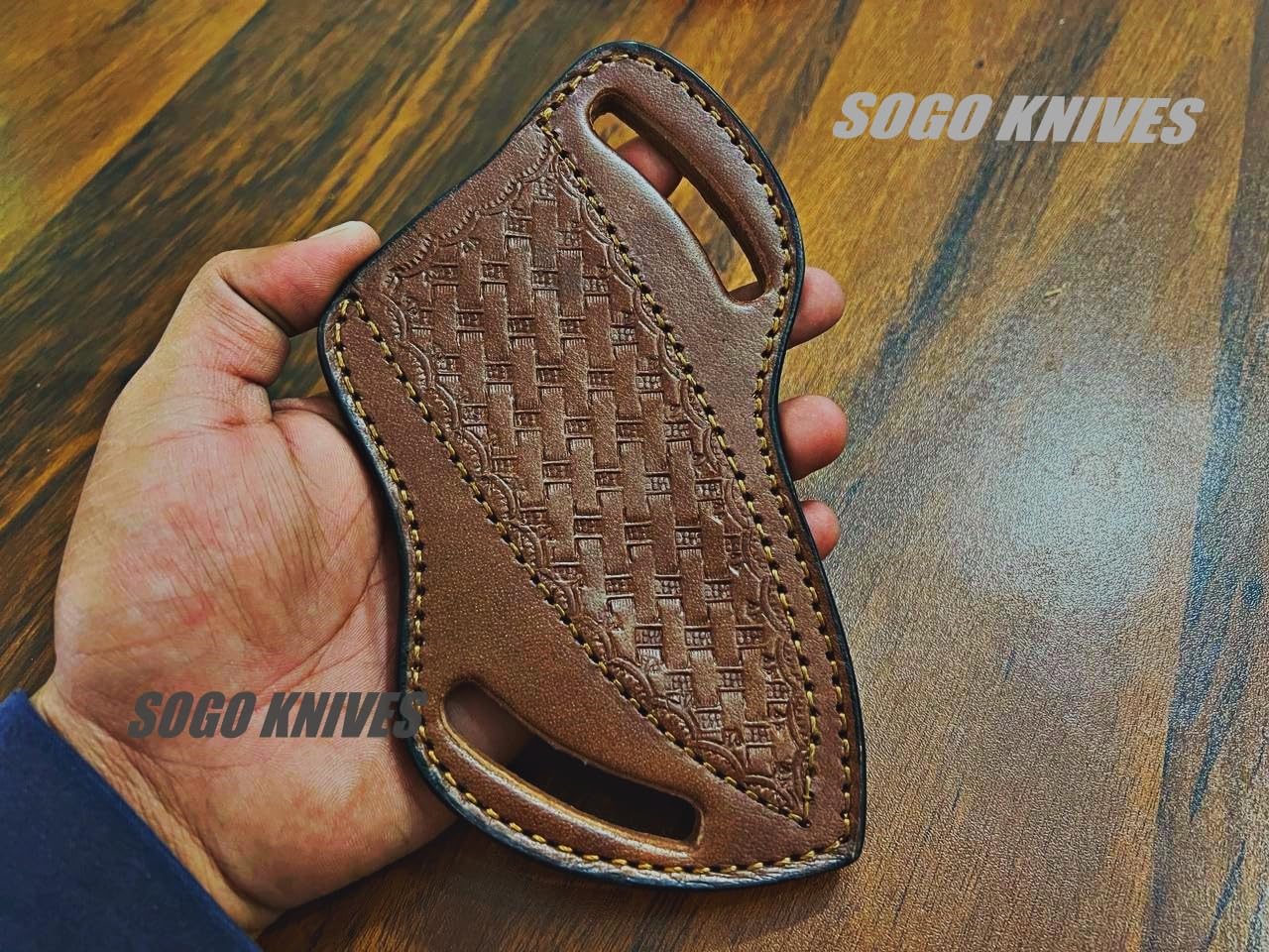 SOGO KNIVES Leather Knife Sheath for Belt, Slanted Pancake Sheath, Tooled Leather Sheath, Beautiful Cow Boy 3 to 5 inches Skinner Knife Leather Cover 100% Real Leather (Brown)