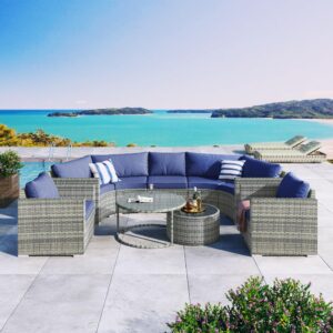 yswh 9-piece outdoor half moon sofa set, rattan patio furniture half round sofa set with overlapping round table, sectional conversational sofa set for free combination, 1