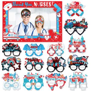 howaf nurse graduation photo booth props kit- 1pcs thank you nurses photo frame with 14pcs thank you nurses paper glasses for nurse appreciation week decorations, nurse day funny eyeglasses