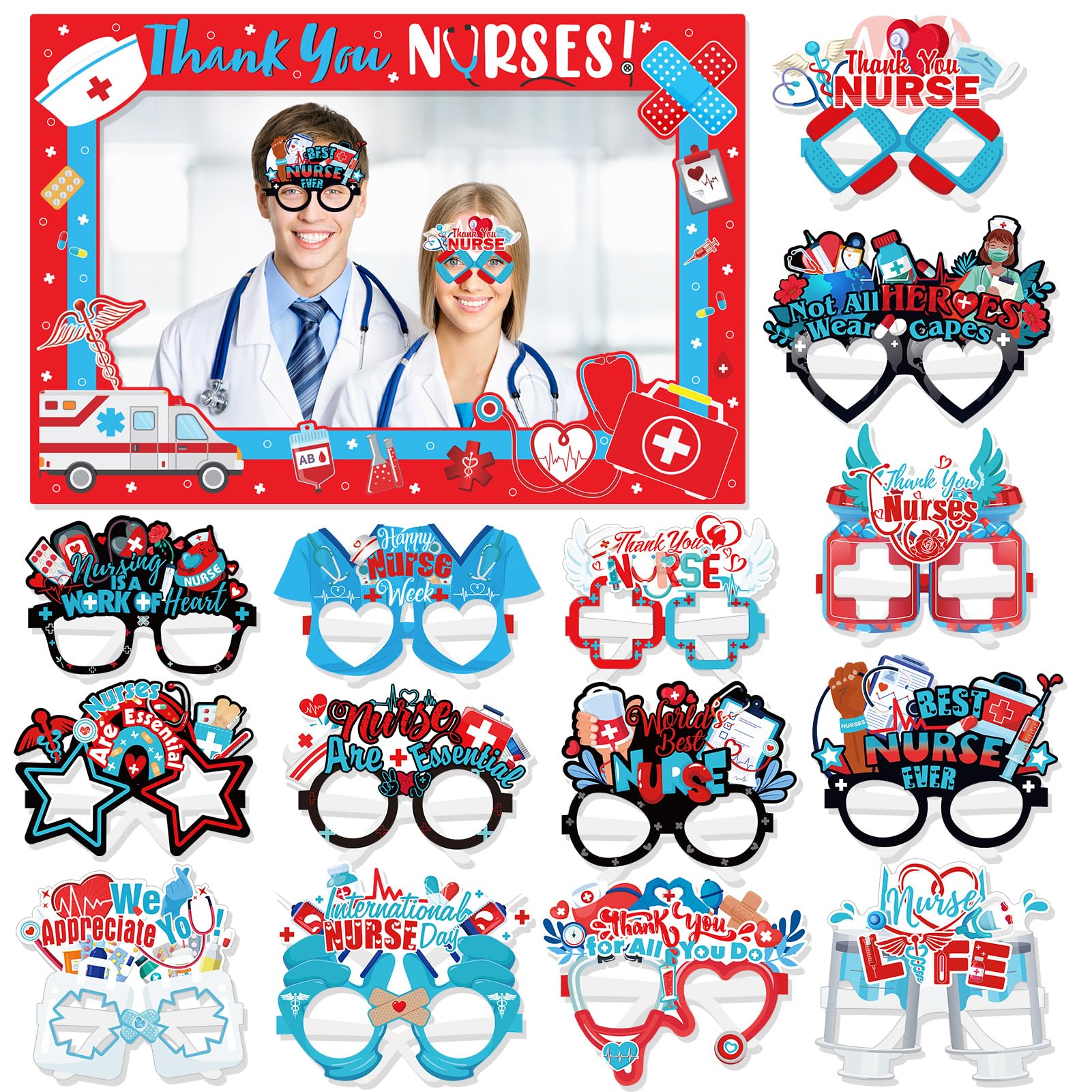 HOWAF Nurse Graduation Photo Booth Props Kit- 1pcs Thank You Nurses Photo Frame with 14pcs Thank You Nurses Paper Glasses for Nurse Appreciation Week Decorations, Nurse Day Funny Eyeglasses