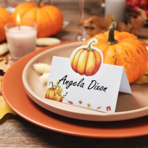 100 Pack Thanksgiving Fall Pumpkin Place Cards Paper Harvest Name Folded Tent Card Seating Autumn Pumpkins Dinner Wedding Table Setting Decorations