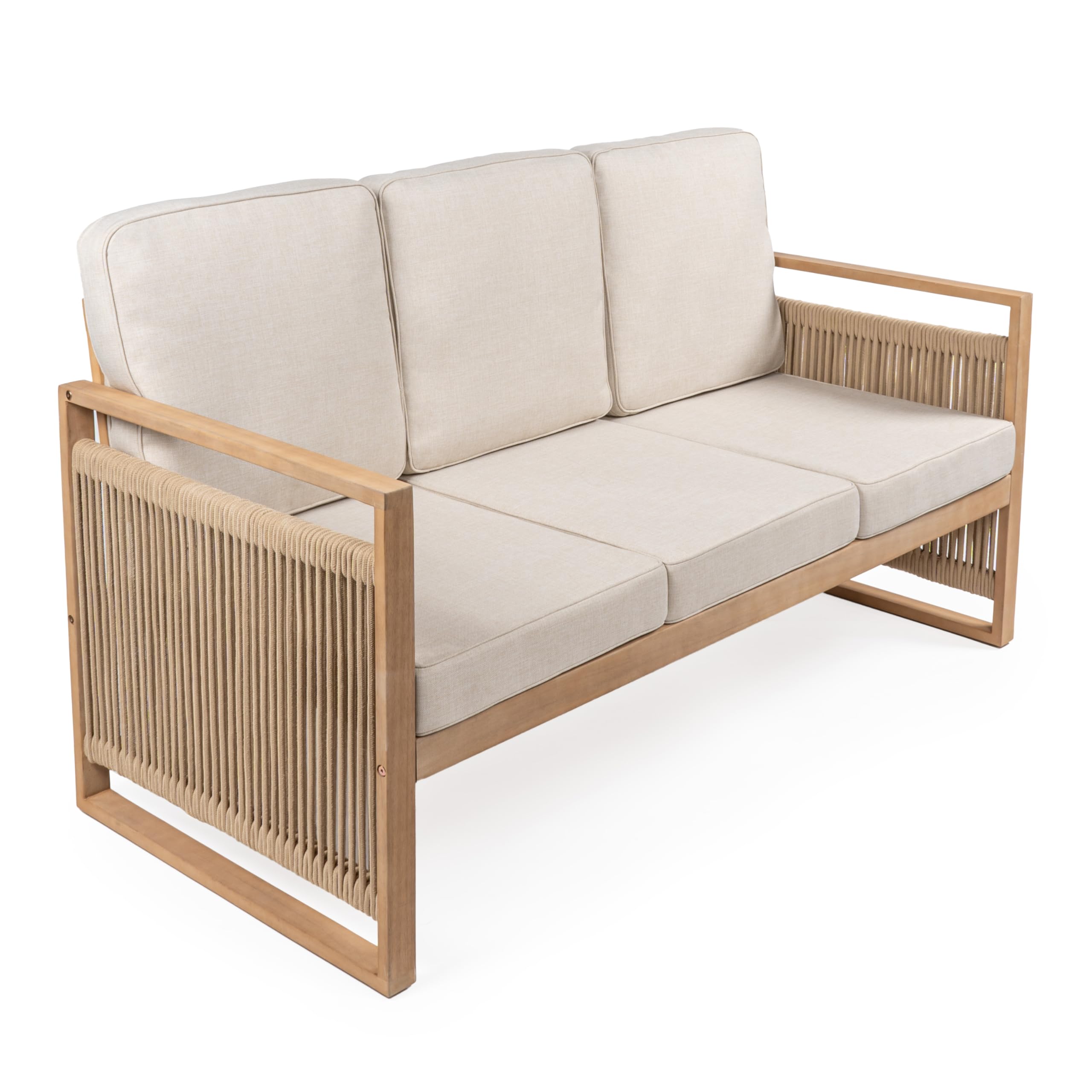 JONATHAN Y SFB1002A Gable 3-Seat Mid-Century Modern Roped Acacia Wood Outdoor Sofa with Cushions Scandinavian, Classic, Transitional, Industrial for Backyard, Patio, Porch, Beige/Light Teak