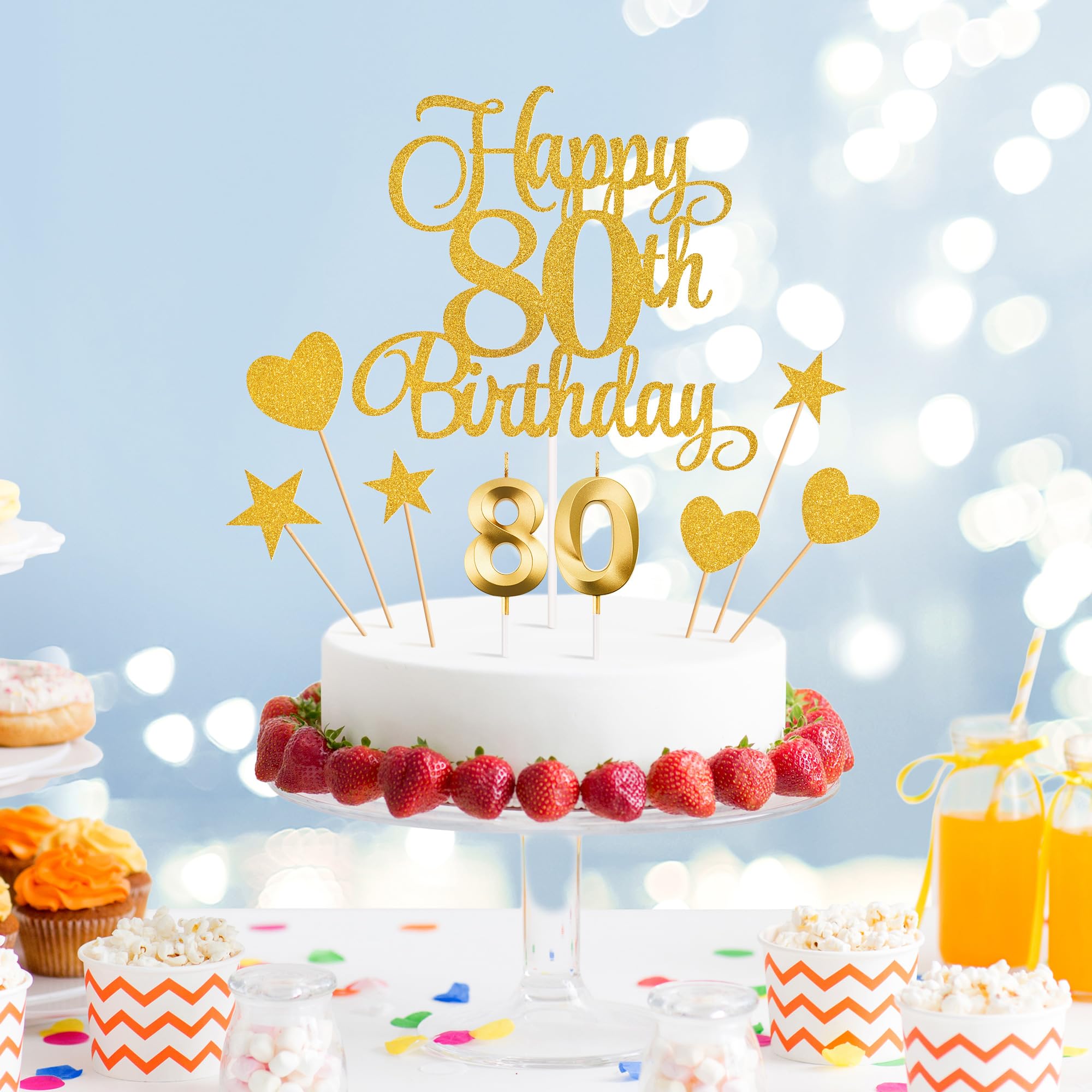 Lecferrarc 80th Birthday Cake Decorations, 80th Birthday Candles Cake Numeral Candles and Glitter Happy 80th Birthday Cake Toppers Set for Birthday Party Supplies (Gold)