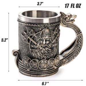 ZENFUN Noric Viking Ship Dragon Beer Mug, 18/8Stainless Steel Drinking Tankard, 17 OZ Wine Coffee Cup, Norse Mythology Poetic Decor Beer Mug, Great Gift for Men