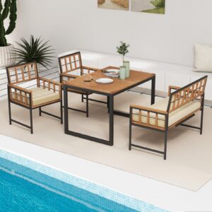 Tangkula 4 Piece Patio Dining Set, Outdoor Wood Dining Furniture W/ 2 Chairs & 1 Loveseat, 47” Acacia Wood Table W/Umbrella Hole, Cozy Seat Cushions, Outside Furniture Set for Backyard, Poolside